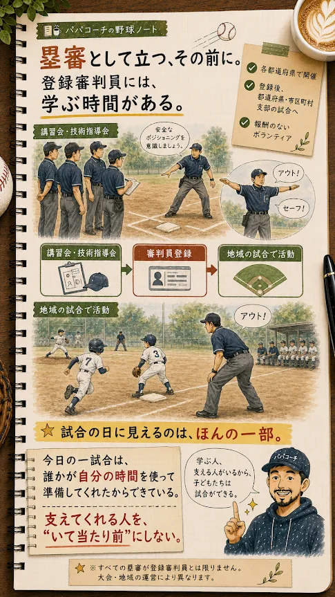 審判講習と登録を経て地域の試合で活動する流れ