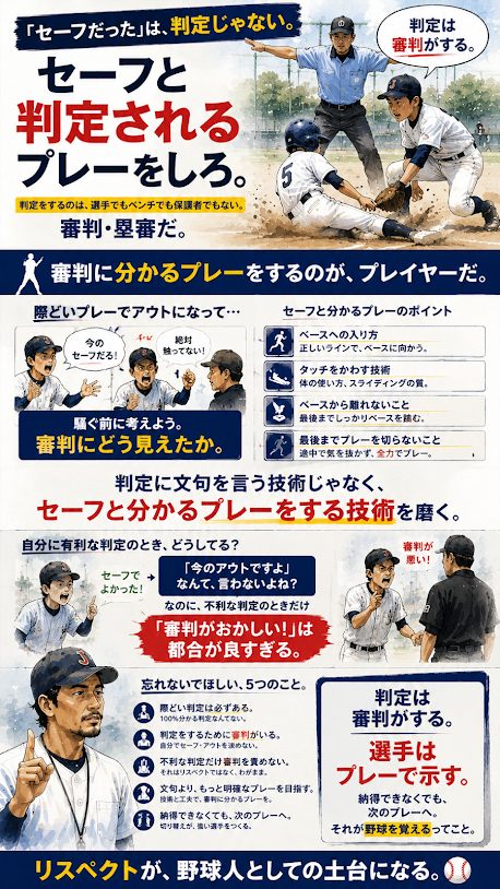確実な触塁やボールの保持を、判定への抗議より優先する図