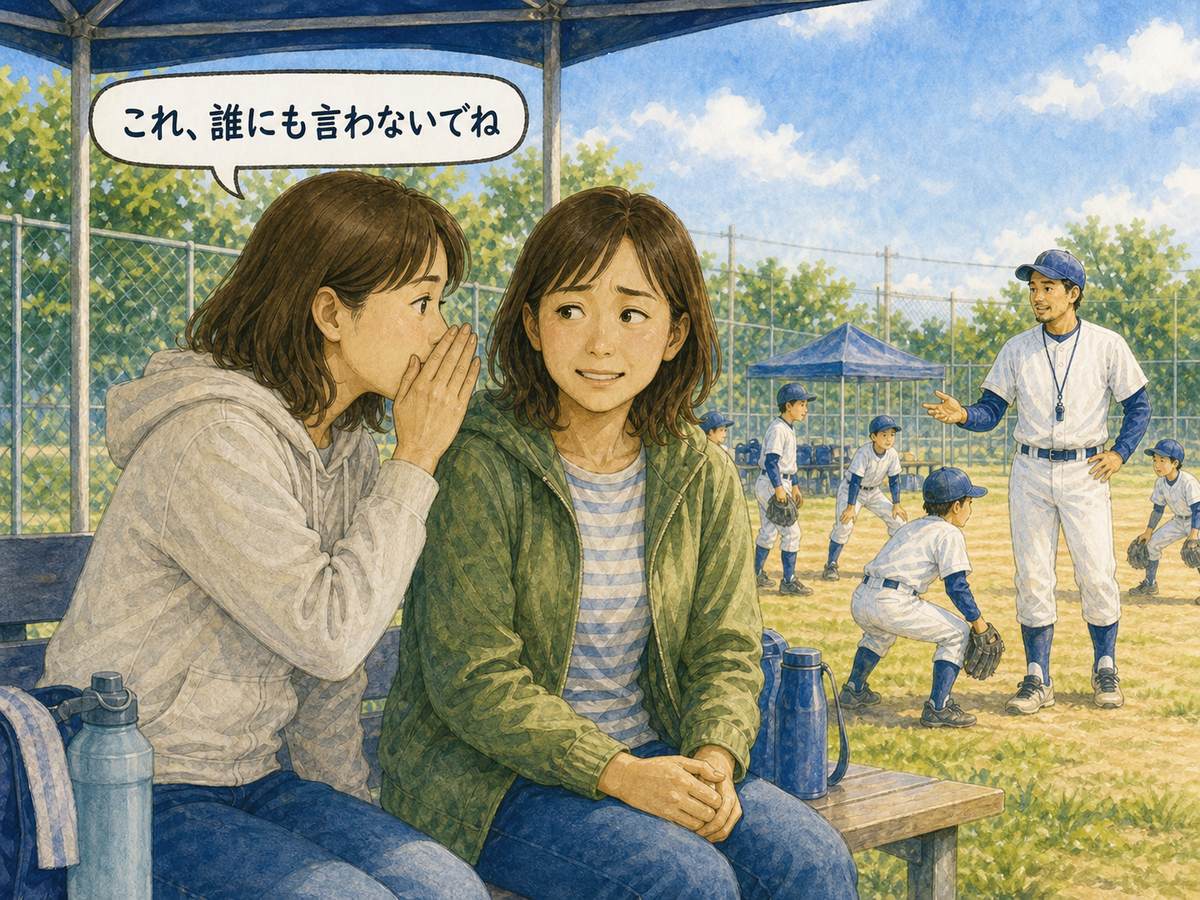 少年野球の保護者から誰にも言わないでと陰口を聞かされる場面