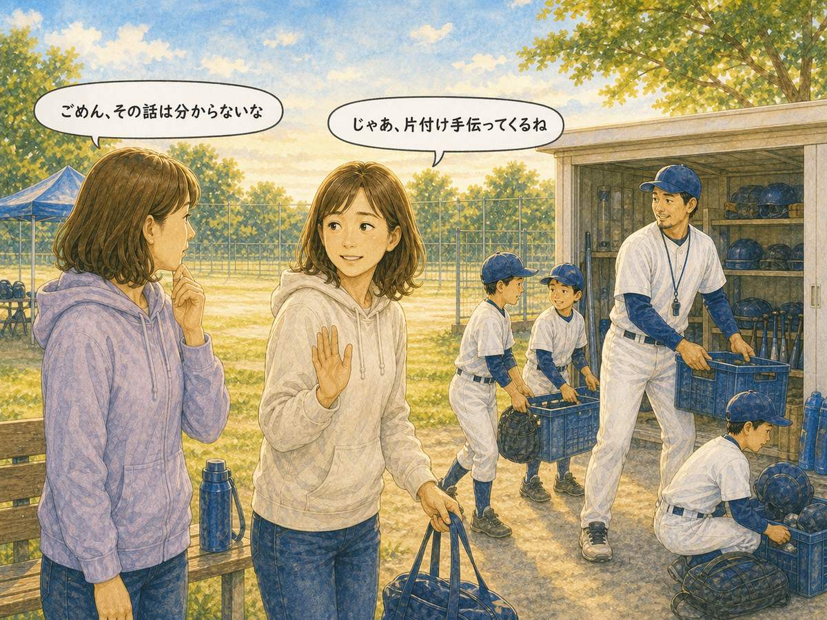 少年野球の保護者が陰口へ同意せず穏やかに会話を抜ける場面