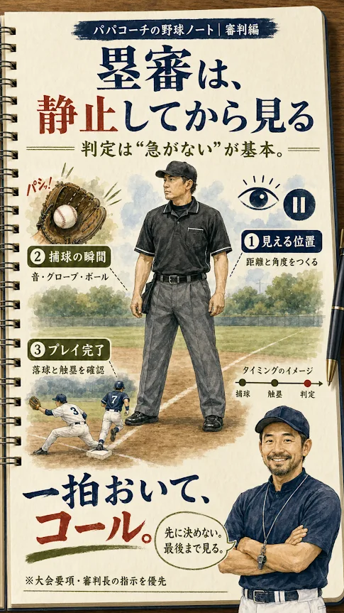 塁審は静止して捕球と触塁を確認してから判定する図解