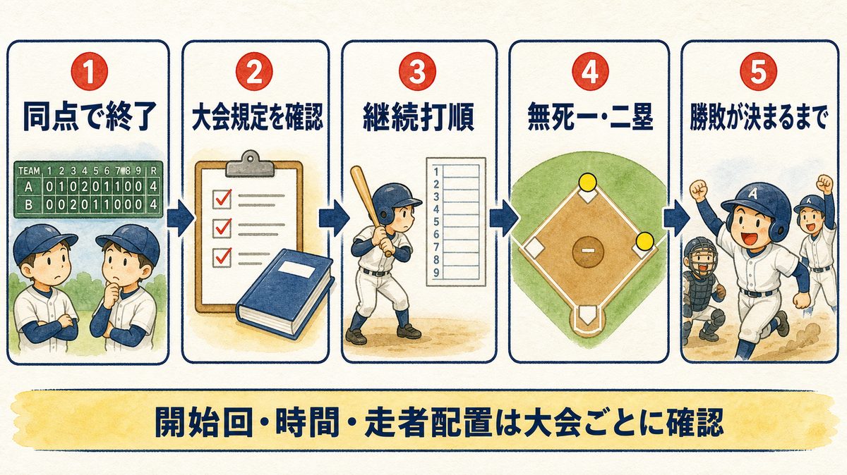 同点終了から大会規定、継続打順、無死一二塁、勝敗決定までのタイブレークの流れ