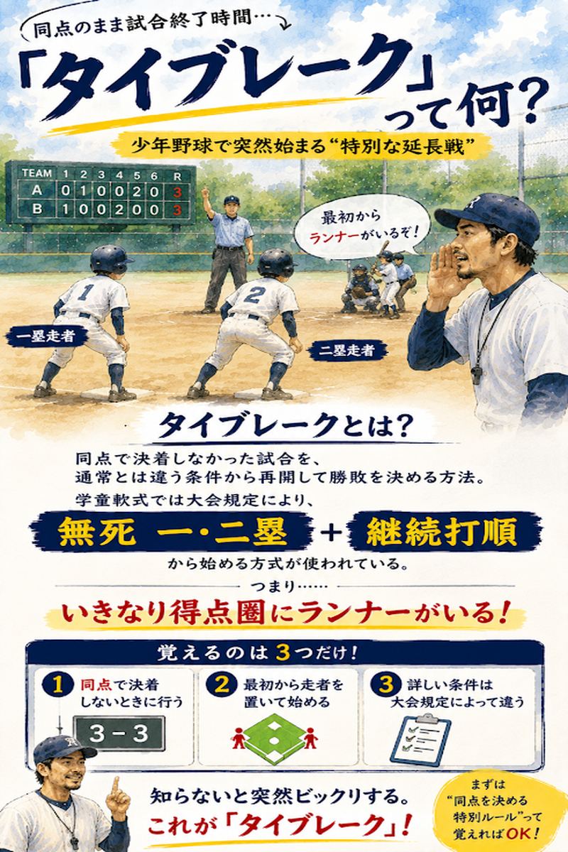 少年野球のタイブレークで継続打順と無死一二塁から始める仕組みを説明する図解