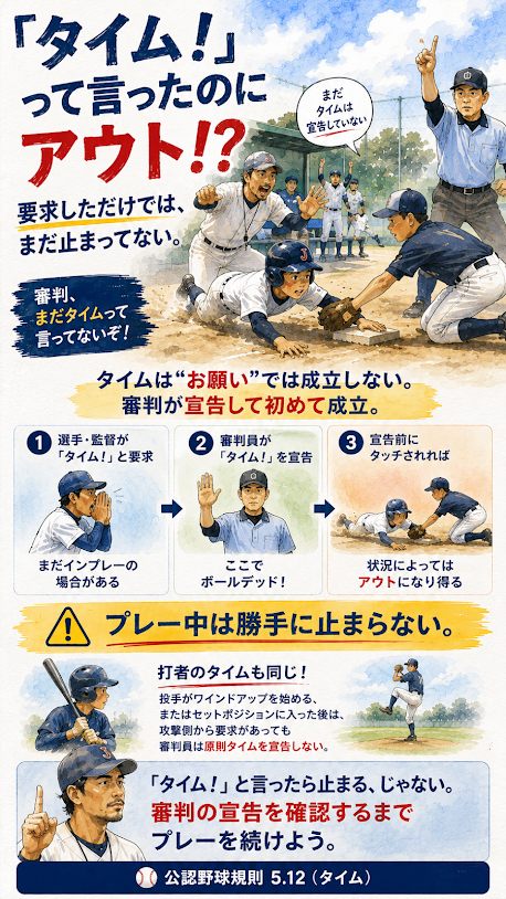 タイムを要求してから審判が宣告するまでの違い