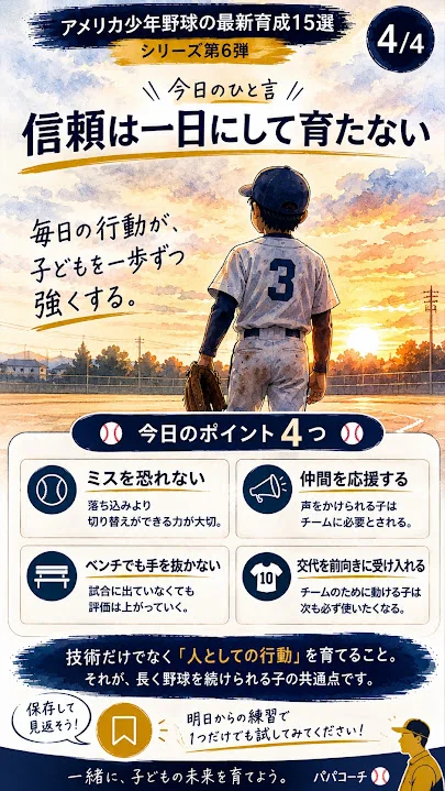 少年野球で信頼は一日では育たず毎日の行動で積み上がるという図解