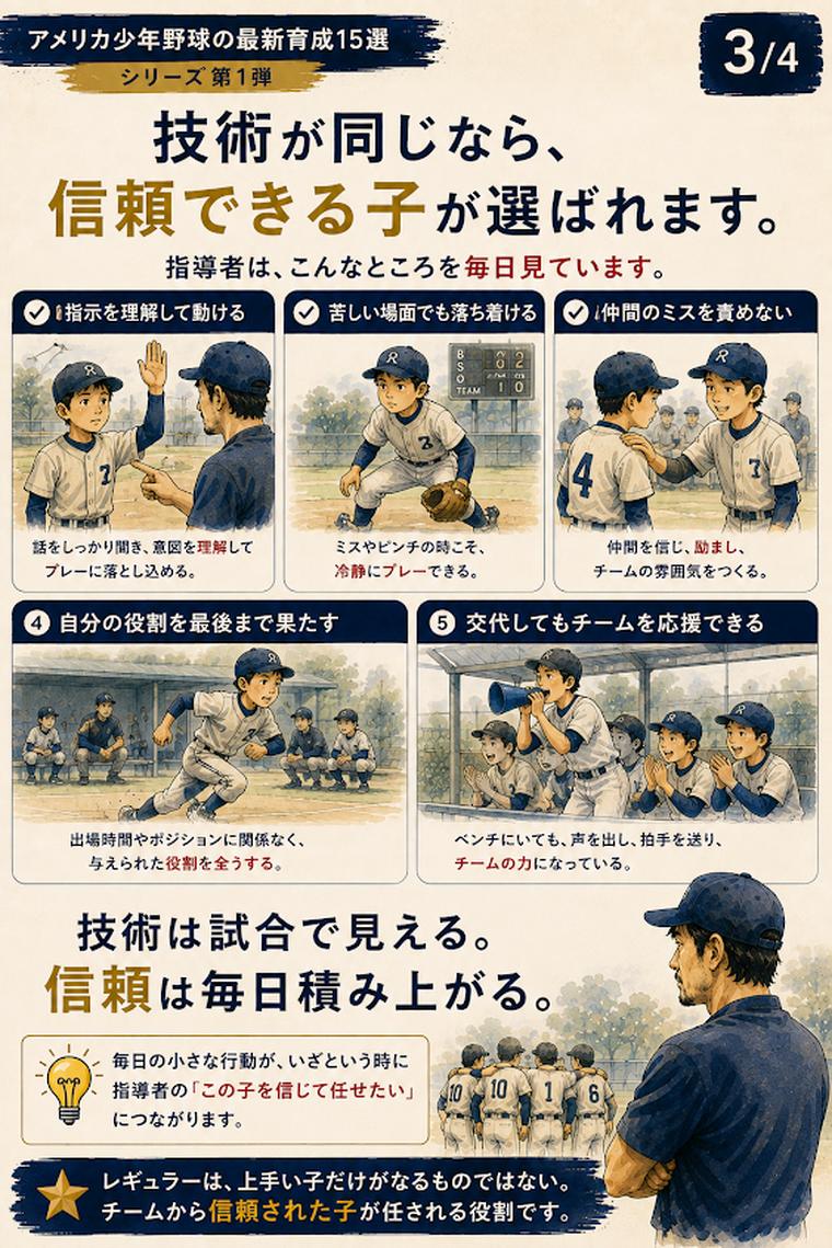 少年野球で技術が同じなら信頼できる子が選ばれやすい理由の図解