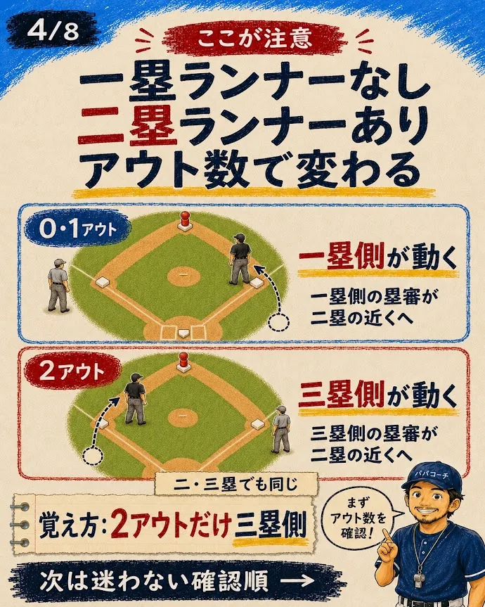 2人制審判で二塁の近くへ動く塁審をアウト数と走者で確認する図解