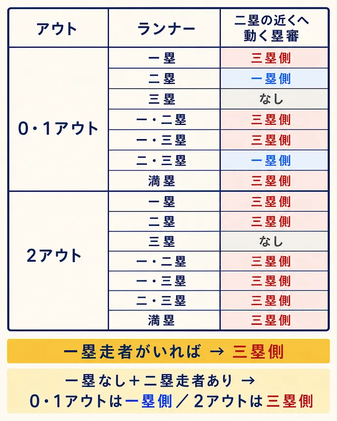 2人制審判で二塁を見る担当を確認する早見表