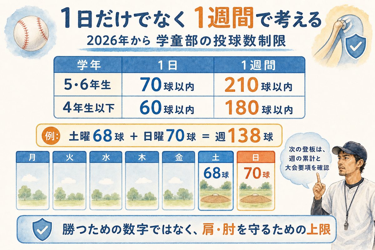 学童野球の1日と1週間の投球数上限を学年別に示した図