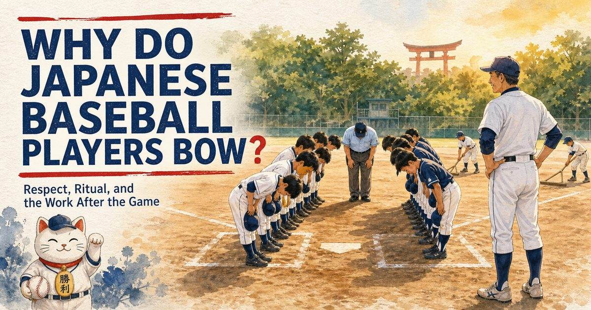 Japanese youth baseball players bowing and cleaning the field after a game