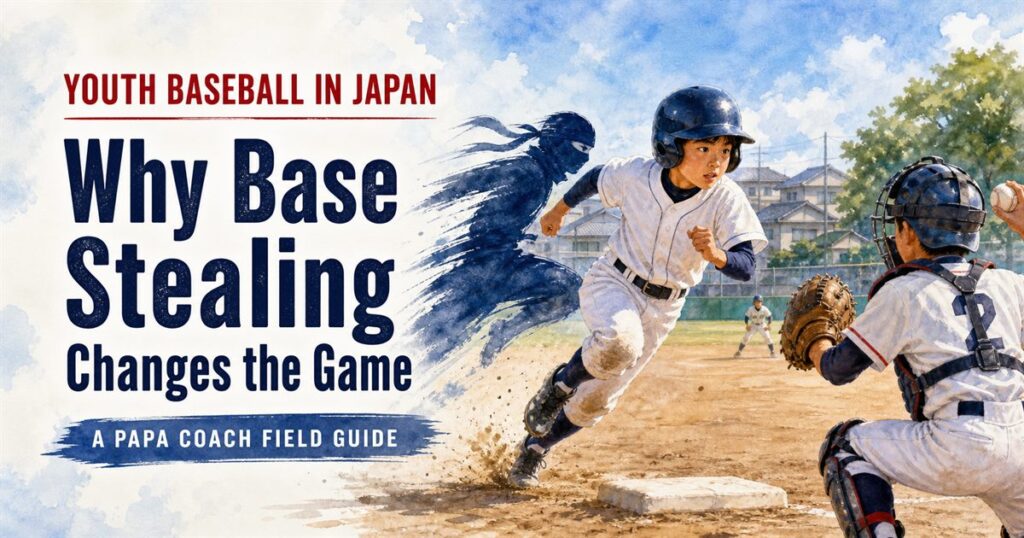 Youth baseball in Japan runner stealing a base with a ninja speed metaphor