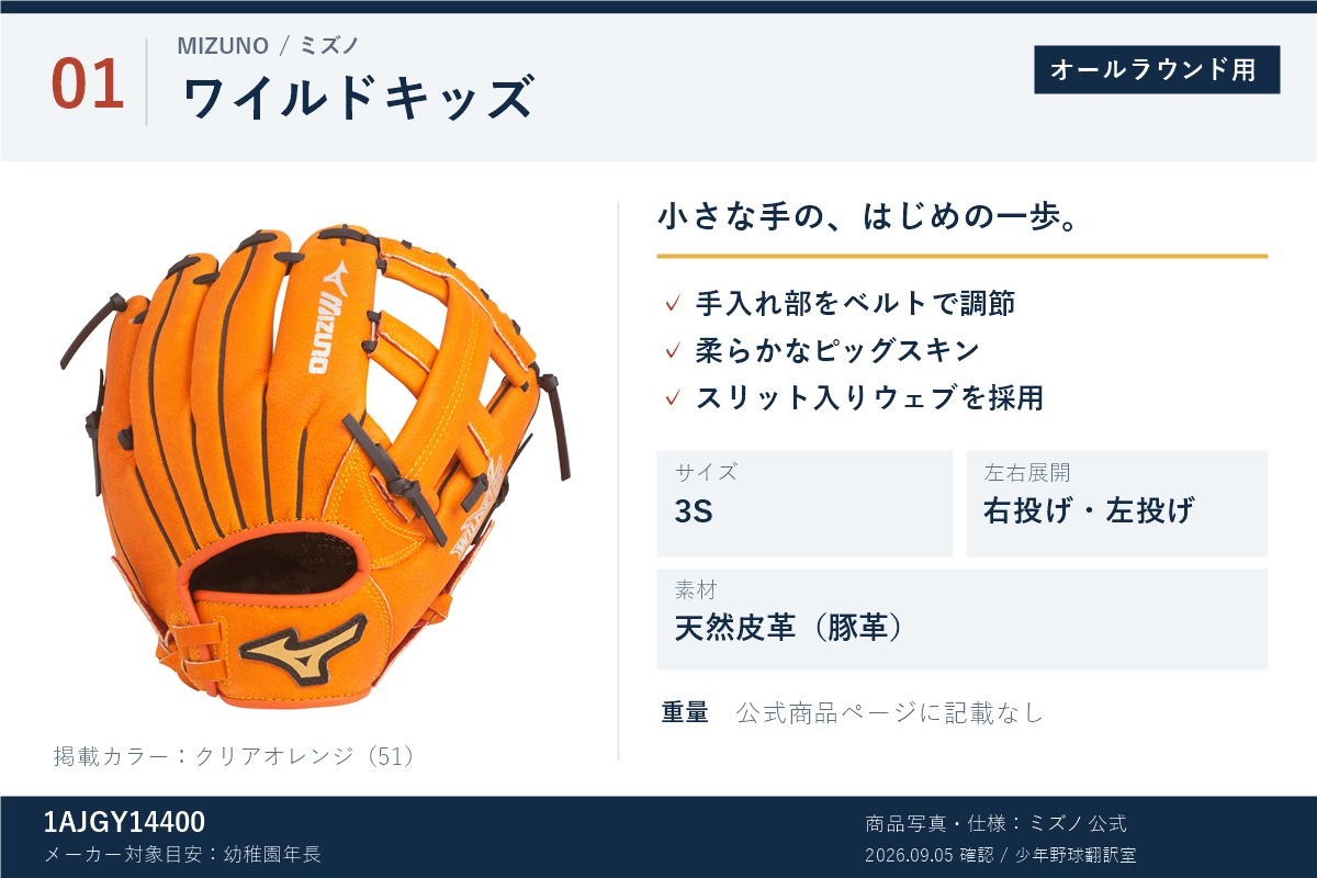 ミズノ ワイルドキッズ1AJGY14400の公式商品写真と特徴。3S、豚革、手入れ部調節ベルト付き。重量は公式商品ページに記載なし。
