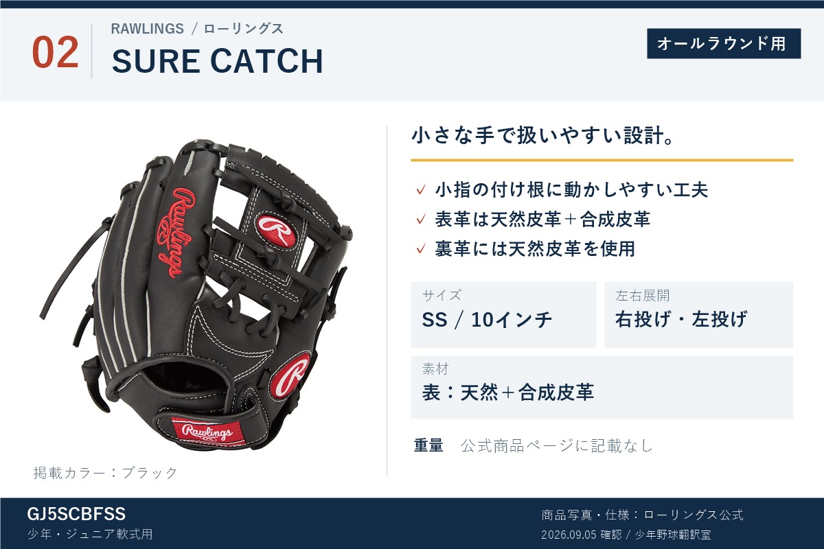 ローリングスSURE CATCH GJ5SCBFSSの公式商品写真と特徴。SS・10インチ、表革は天然皮革と合成皮革、裏革は天然皮革。重量は公式商品ページに記載なし。