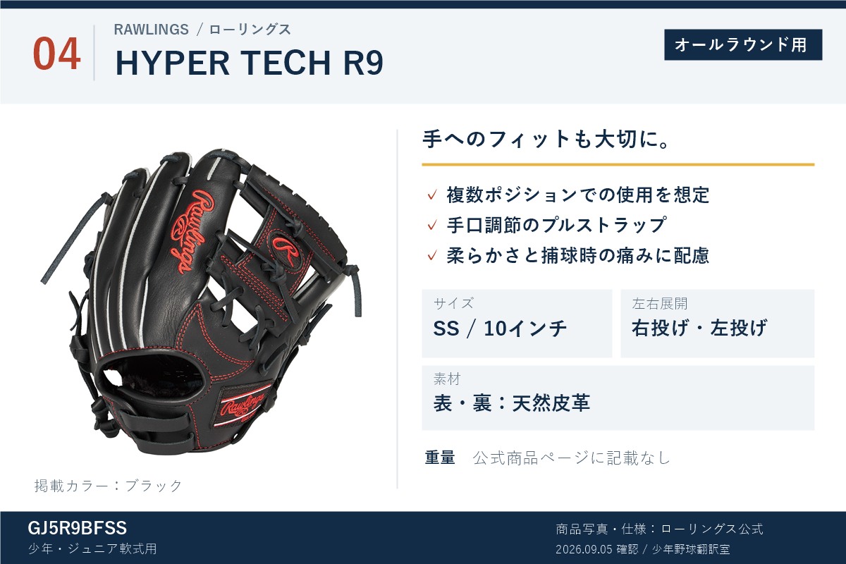 ローリングスHYPER TECH R9 GJ5R9BFSSの公式商品写真と特徴。SS・10インチ、天然皮革、手口調節のプルストラップ付き。重量は公式商品ページに記載なし。