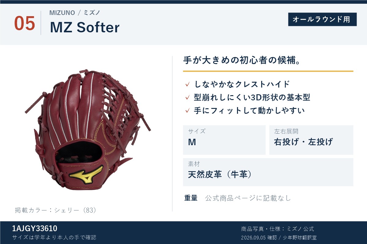 ミズノMZ Softer 1AJGY33610の公式商品写真と特徴。M、クレストハイド牛革、3D形状の基本型。重量は公式商品ページに記載なし。