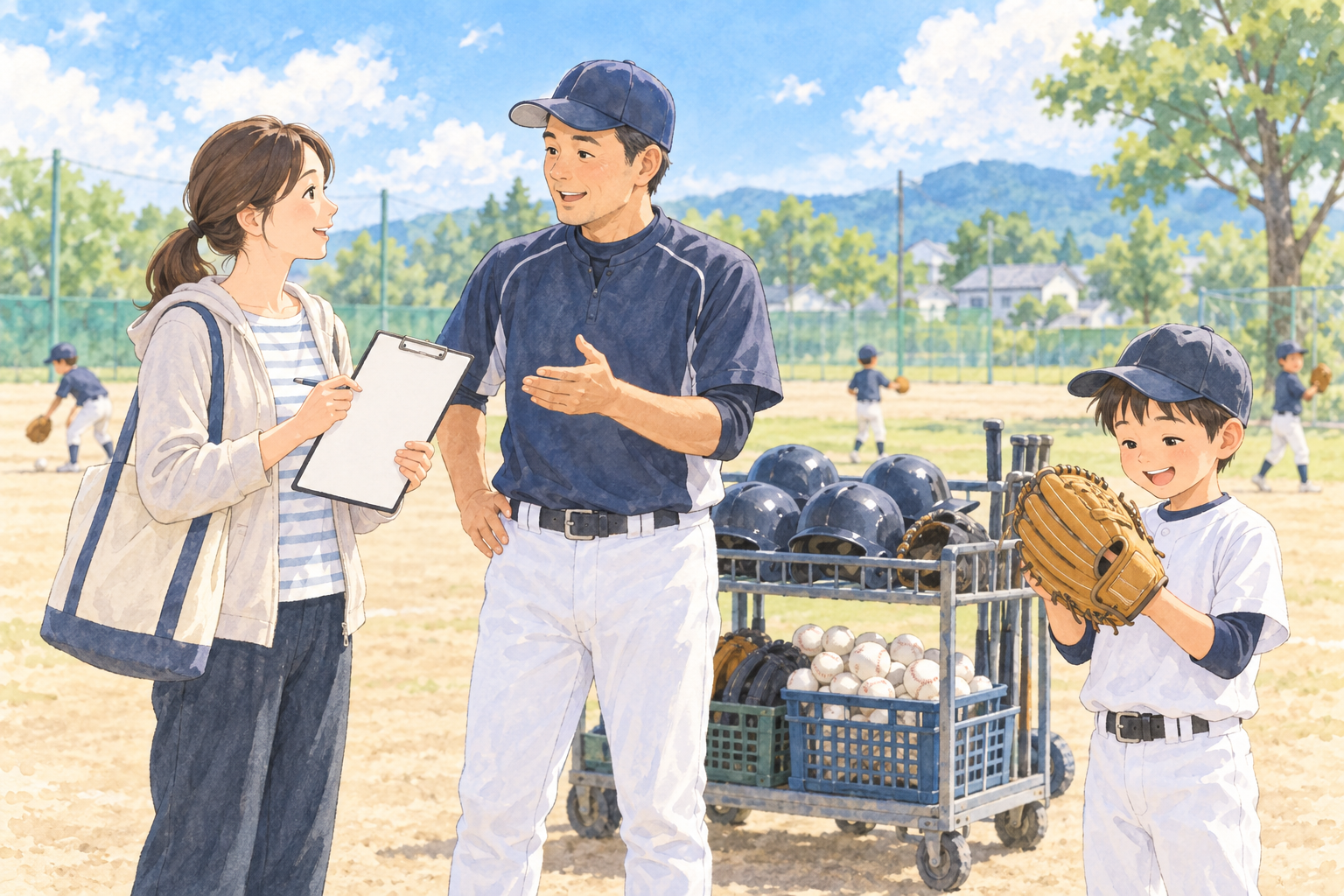 少年野球の入団前に保護者がパパコーチへ費用と貸出品を質問する水彩イラスト