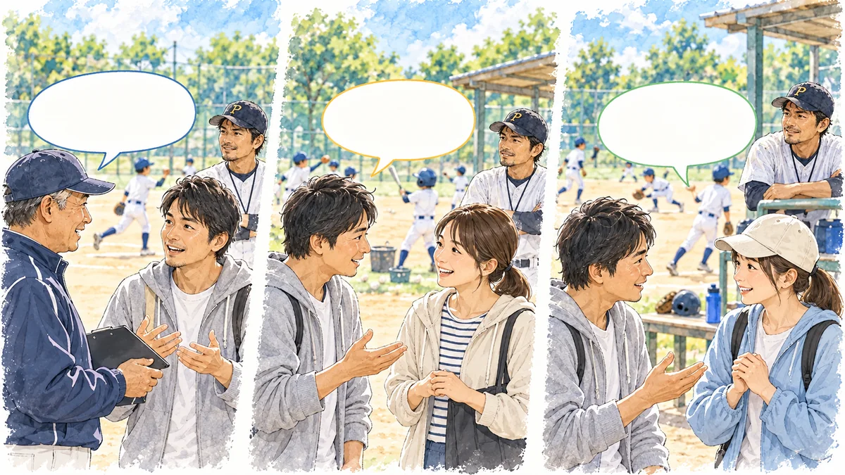 少年野球の監督・同学年の保護者・入団間もない保護者に質問する様子