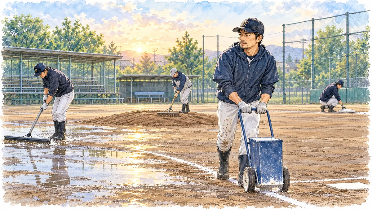 少年野球の試合前に水取り・整地・ライン引きをする大人たち