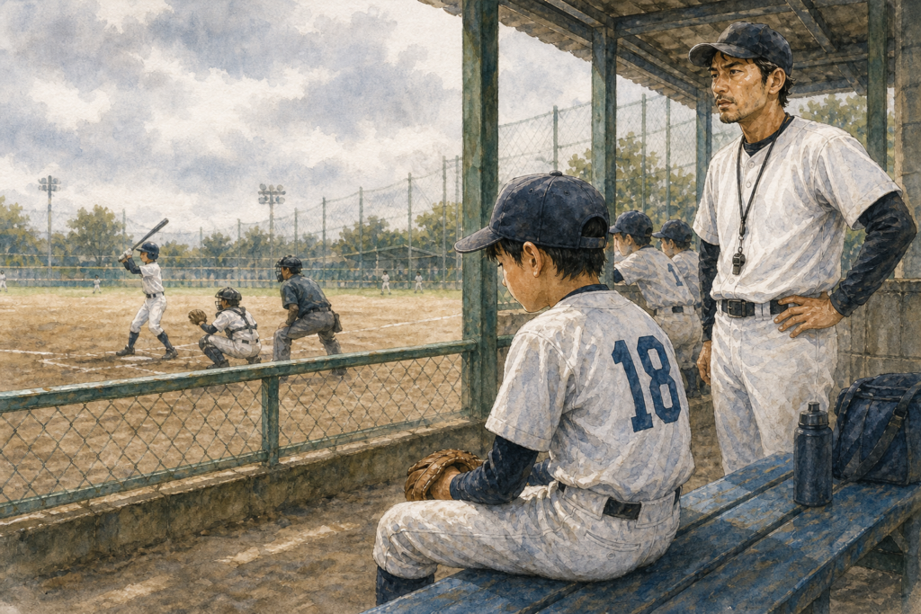 一人の選手が試合に出る一方でベンチから見守る少年野球の子ども