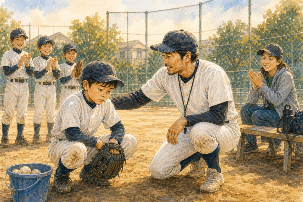 低学年の子どもが指導者や保護者に励まされながら練習を習慣にする様子