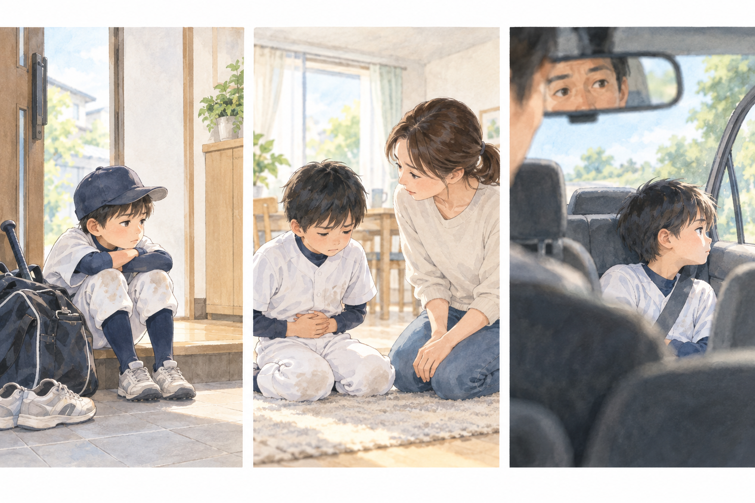 少年野球へ行く前に動けない子どもと腹痛を訴える場面と練習後に黙る様子を描いた水彩イラスト