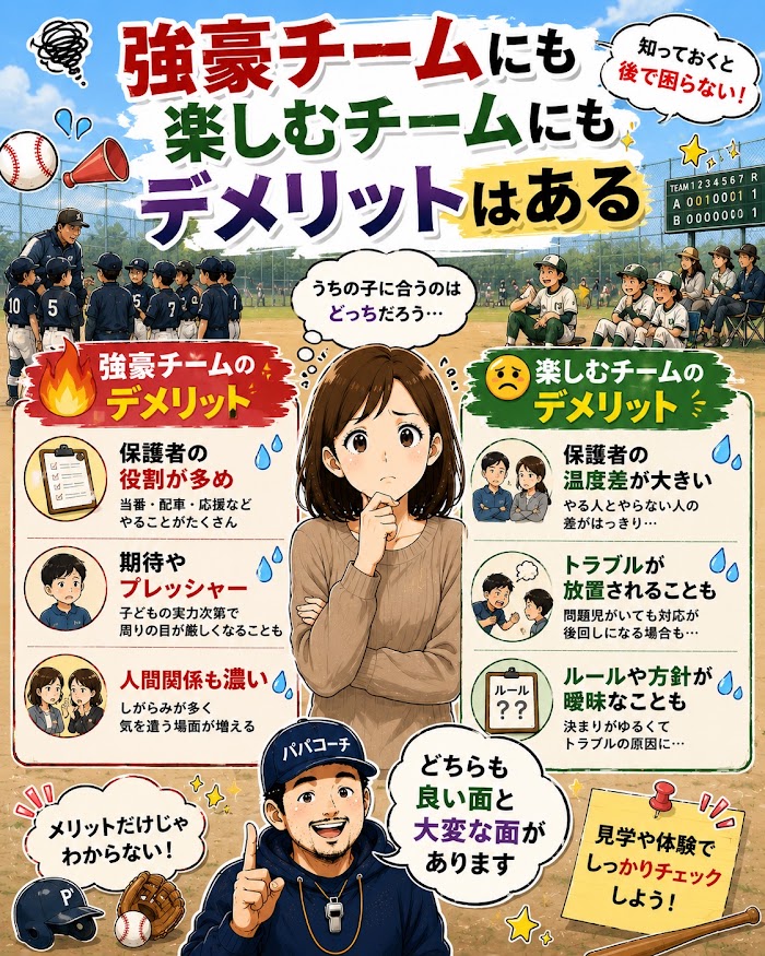 少年野球の強豪チームと楽しむチームで起こりやすいデメリットを保護者目線で比較する図解