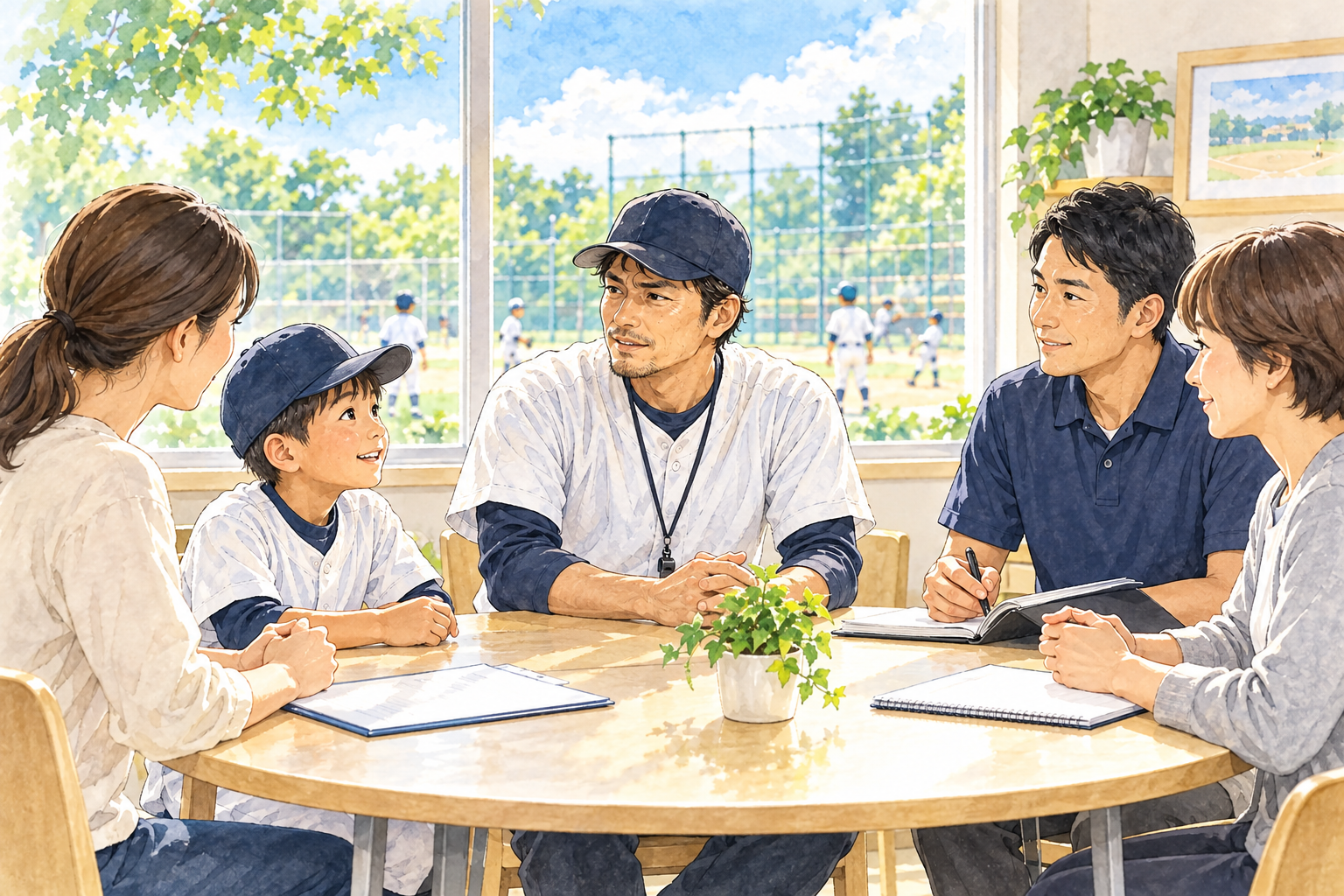 少年野球の暴言問題を子どもと保護者と複数の大人が落ち着いて相談する水彩イラスト
