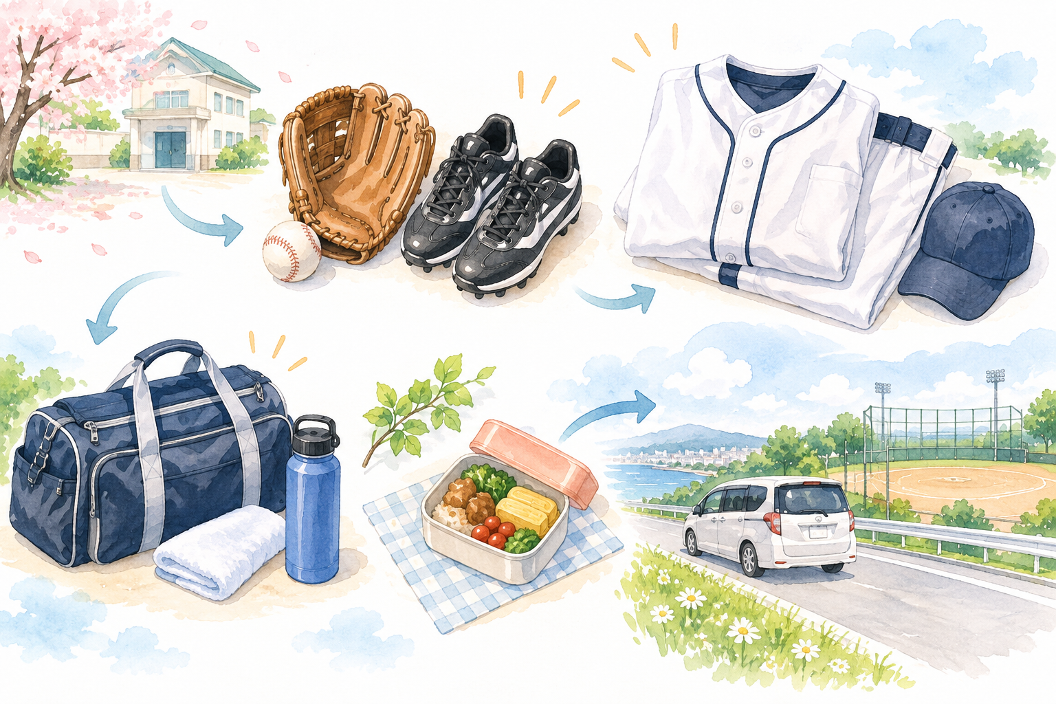 少年野球で入団後に道具、ユニフォーム、弁当、遠征費が順に発生する様子を描いた水彩イラスト