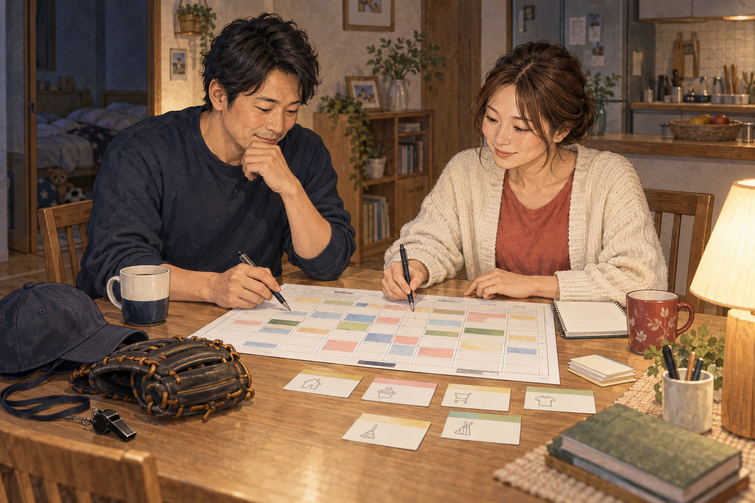 少年野球のコーチをする夫と妻が家族の予定と役割を話し合う水彩イラスト