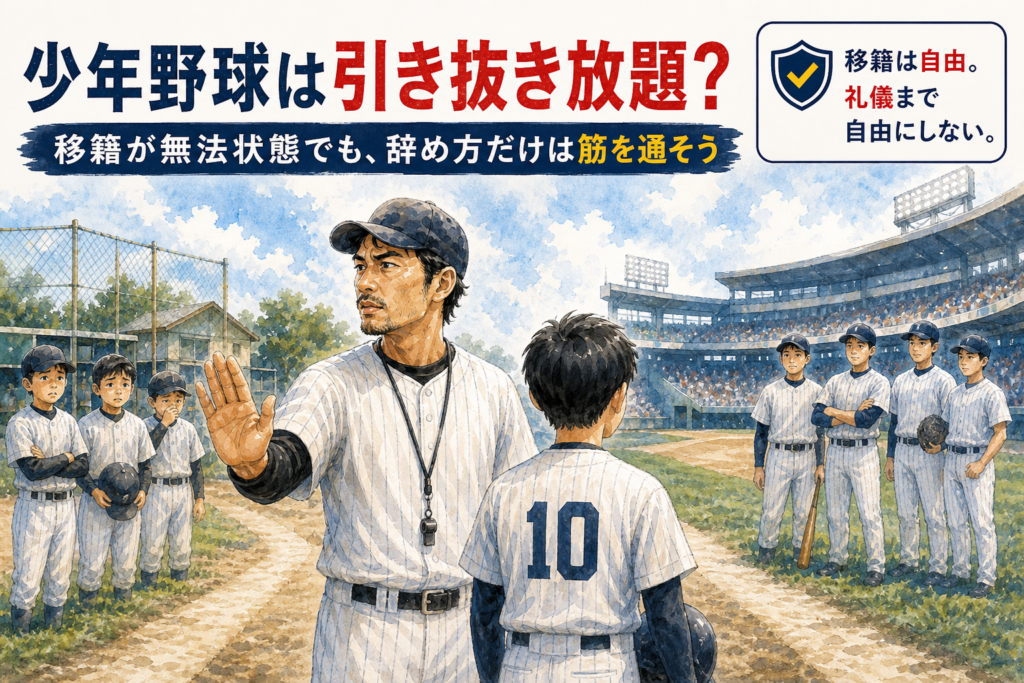 少年野球の引き抜きと移籍トラブルを描いたアイキャッチい
