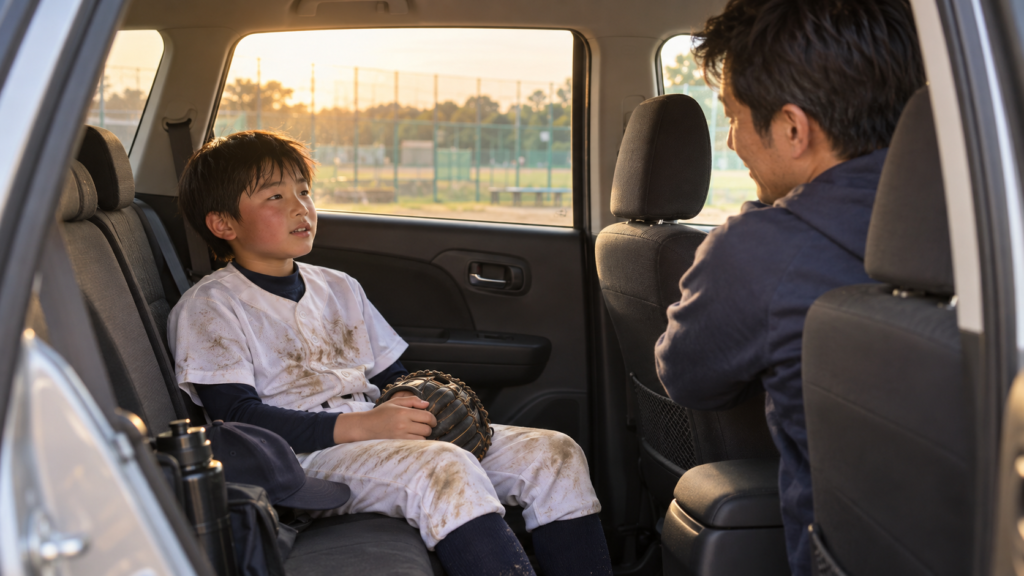 少年野球の試合後に車内で子どもの話を聞く親