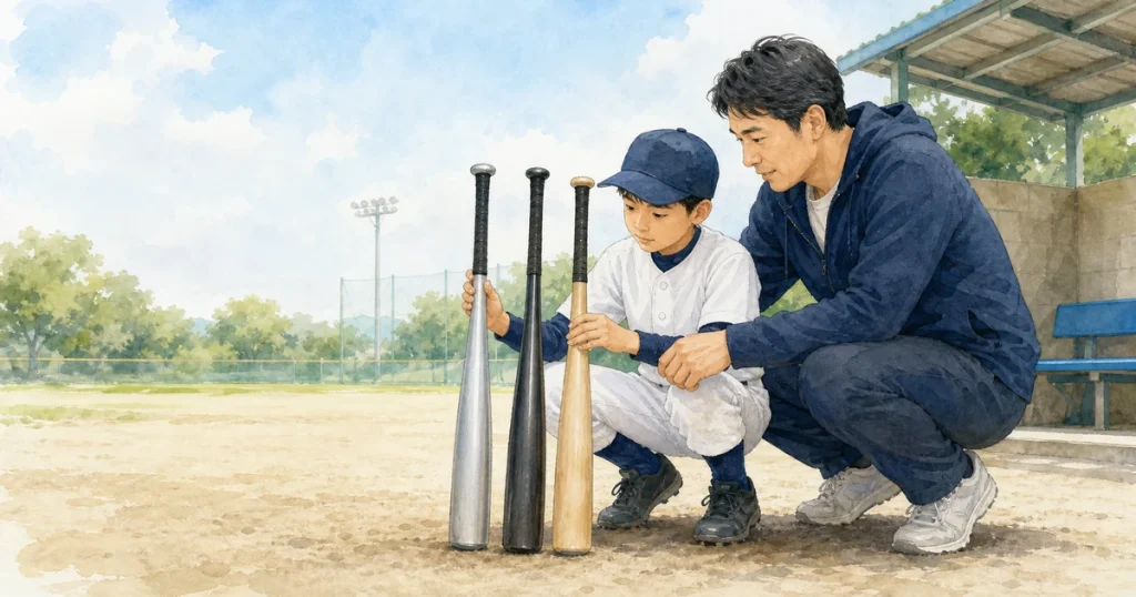 少年野球の子どもと保護者が3本のバットを比較して選ぶイメージ