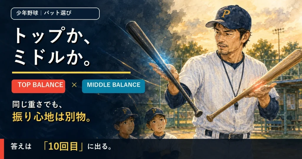 トップバランスとミドルバランスのバットを比較するパパコーチ
