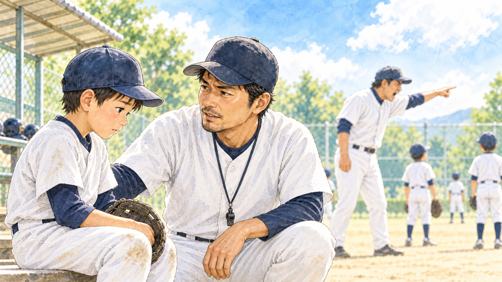 少年野球の暴言コーチから離れた子どもの話をパパコーチが目線を合わせて聞く明るい水彩イラスト