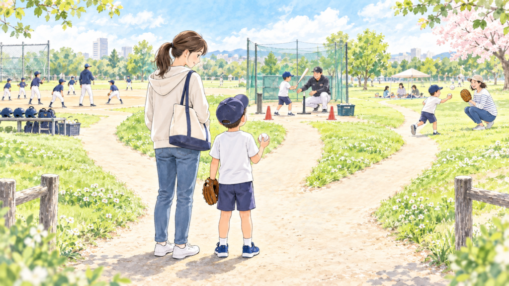 地域の少年野球チームと野球教室と親子のボール遊びという三つの入口を見比べる親子の明るい水彩イラスト