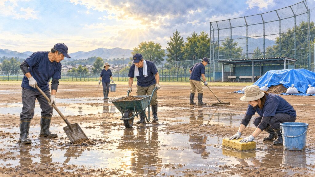 雨上がりの野球グラウンドで水たまりを整備する大人たちの水彩イラスト