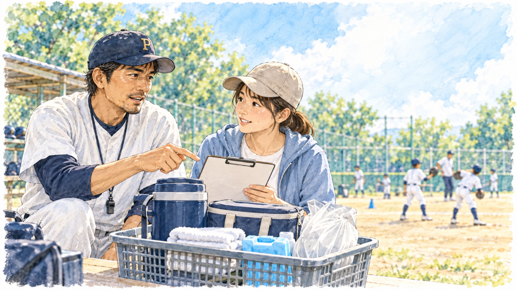 少年野球のお茶当番が初めての保護者へパパコーチが持ち物を説明する明るい水彩イラスト