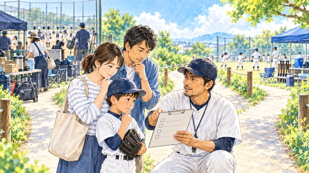 少年野球チームを比較する家族とパパコーチ