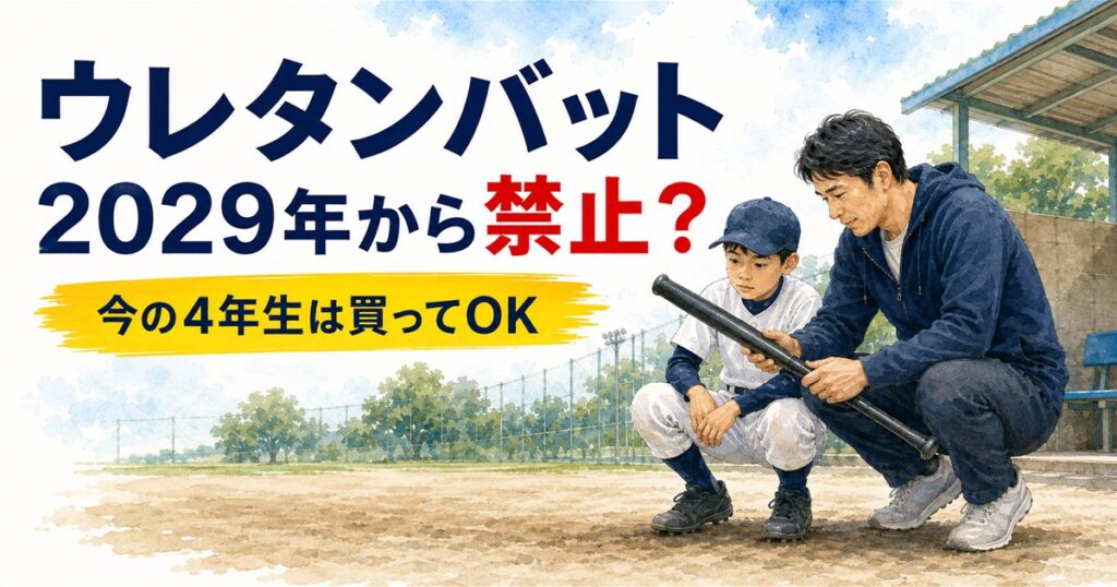 少年野球のウレタンバットを手に取る小学4年生と父親、2029年からの使用禁止を解説するアイキャッチ