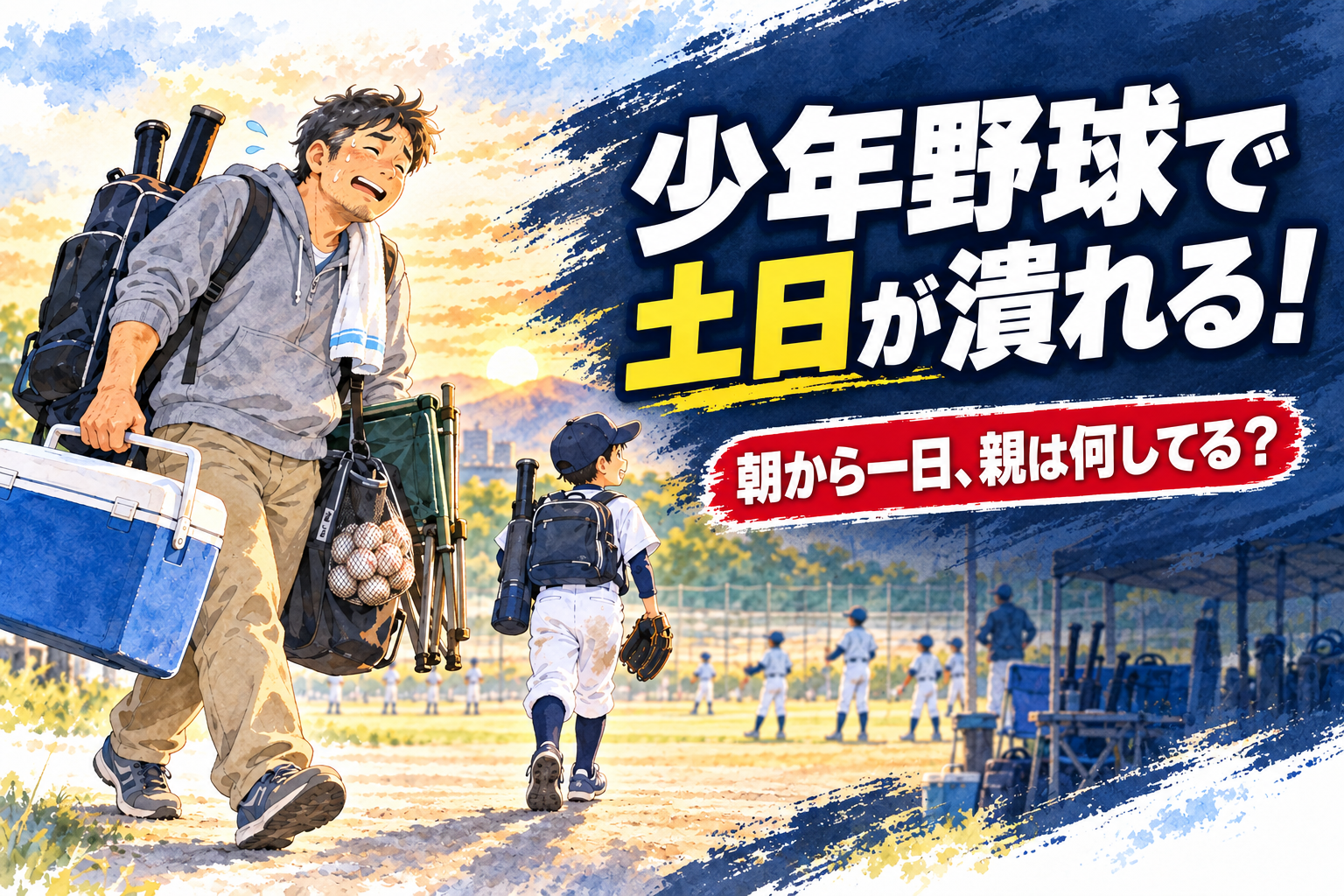 少年野球で土日が潰れる親の負担を描いたタイトル入り水彩イラスト