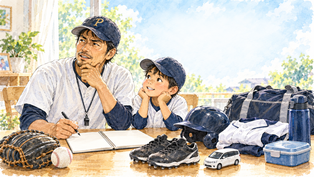 少年野球の費用をパパコーチと子どもが道具を前に整理する明るい水彩イラスト