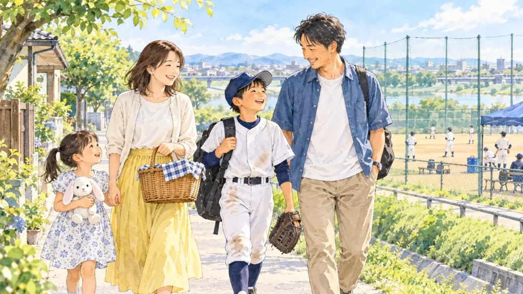 少年野球の練習後に家族で休日を過ごす水彩イラスト