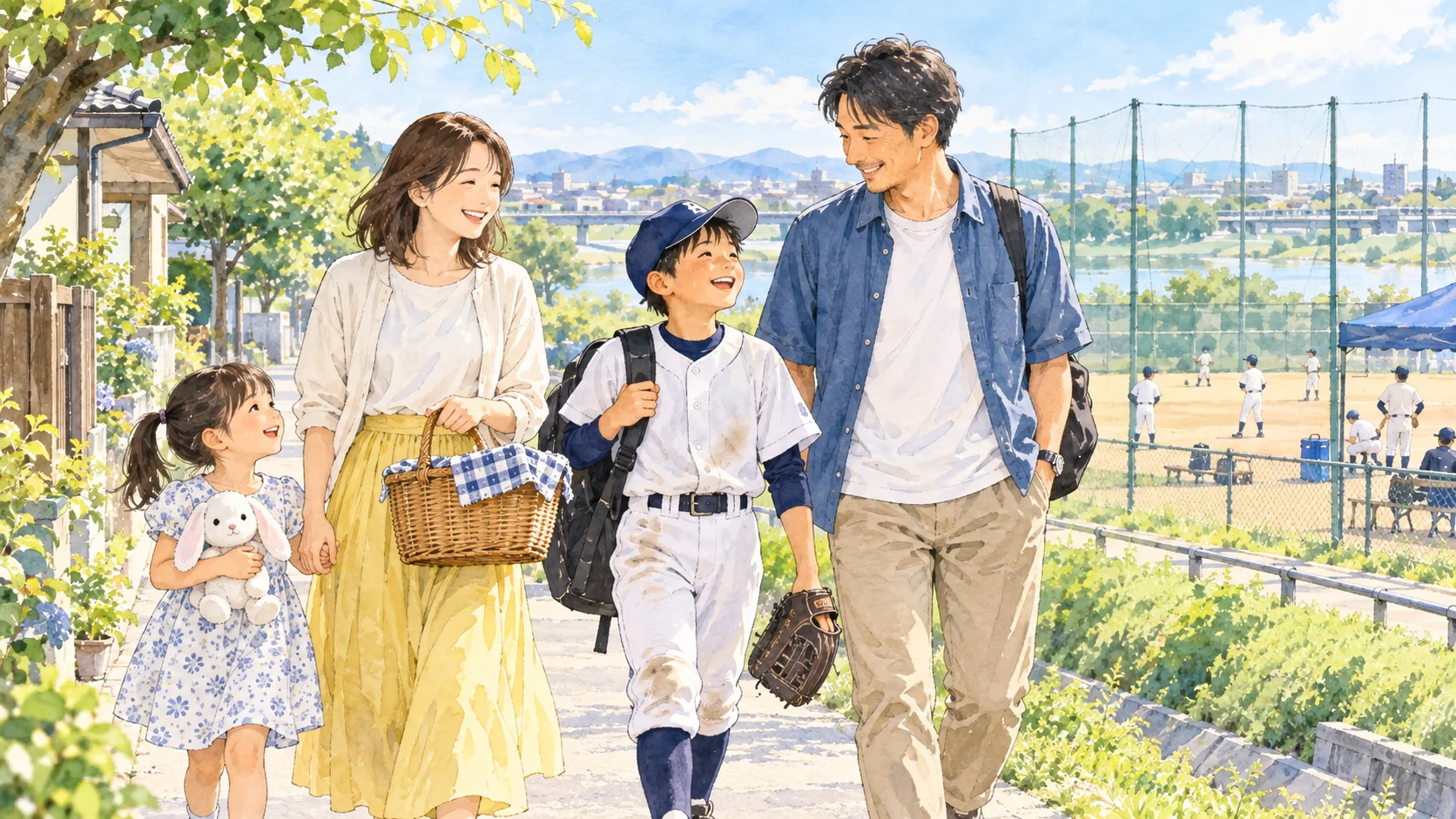 少年野球の練習後に家族で休日を過ごす水彩イラスト