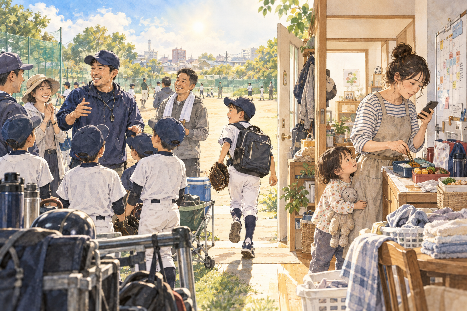 少年野球で夫がコーチをする一方、妻が家事育児を一人で担う土曜の朝を描いた水彩イラスト