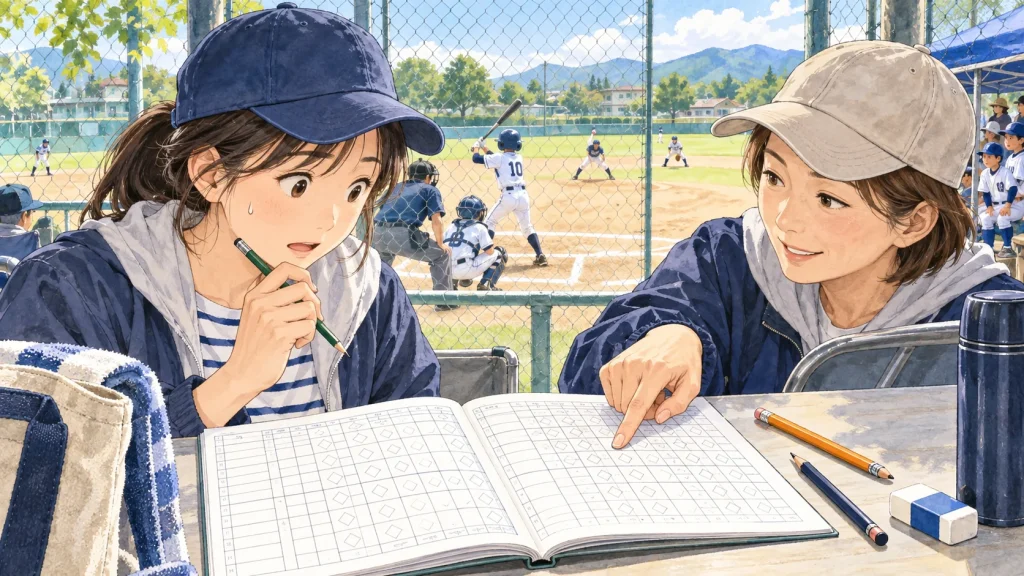 少年野球で初めてスコア係を担当する保護者の水彩イラスト