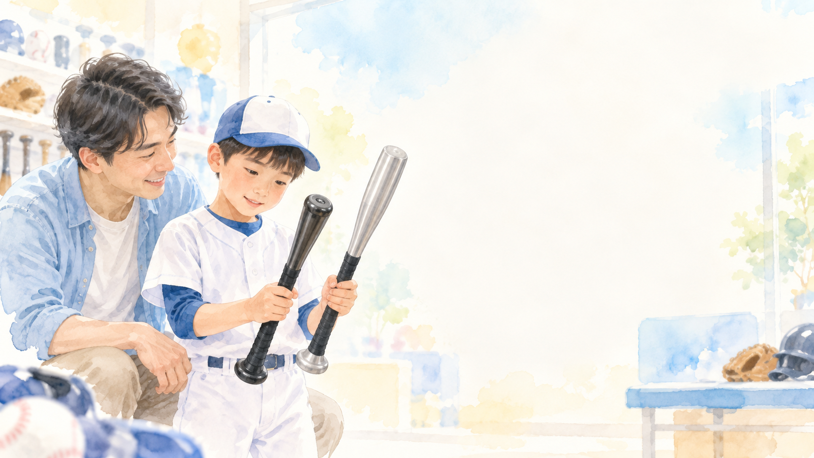 明るい野球用品売り場で少年野球の子どもと保護者が2本の無地バットのグリップエンドを比較する水彩イラスト
