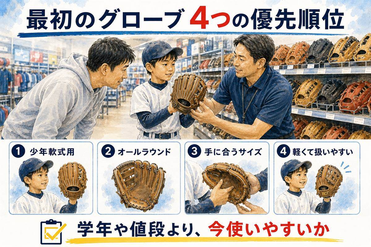 少年野球初心者の最初のグローブは少年軟式用・オールラウンド・手に合うサイズ・軽くて扱いやすい順で選ぶ図解