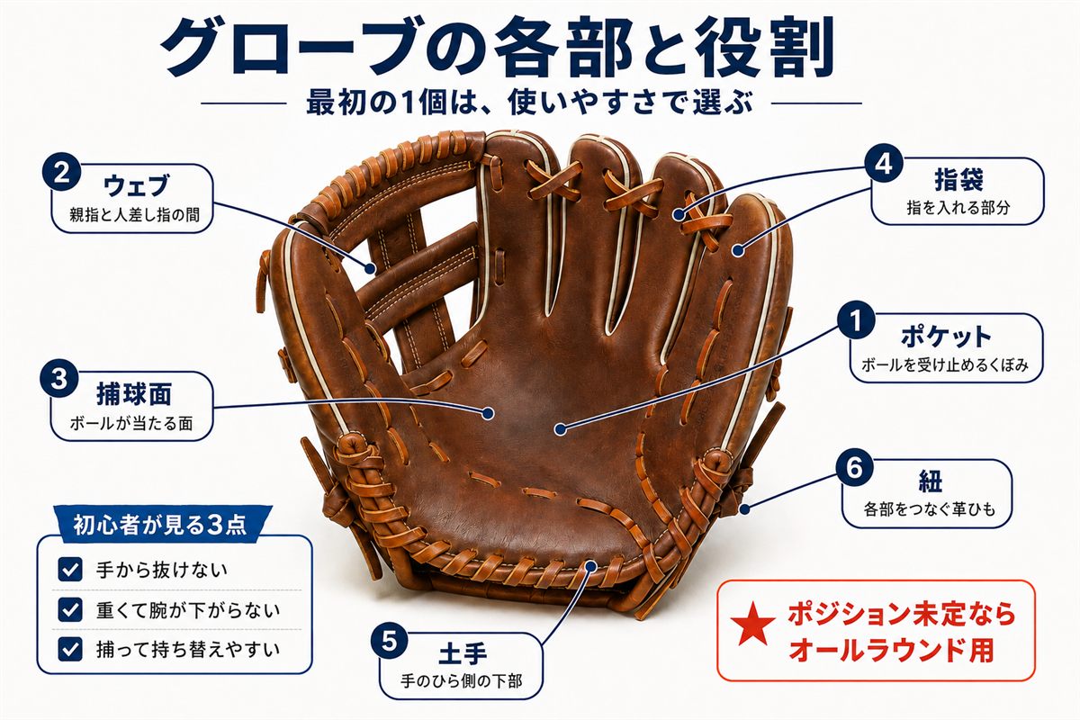 少年野球のグローブのポケット、ウェブ、捕球面、指袋、土手、紐の位置と初心者が見る3つのポイントを示す図解