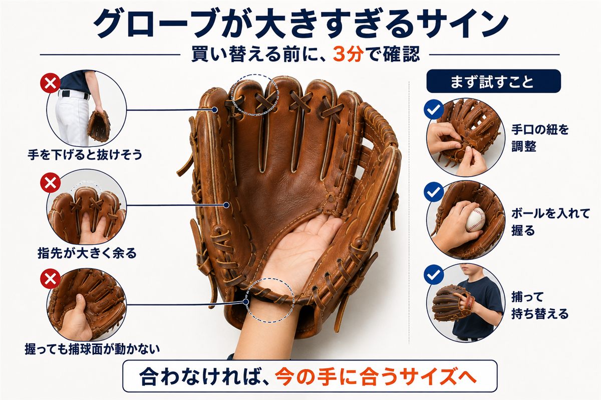 少年野球のグローブが大きすぎるサインと買い替える前の確認方法を示す図解