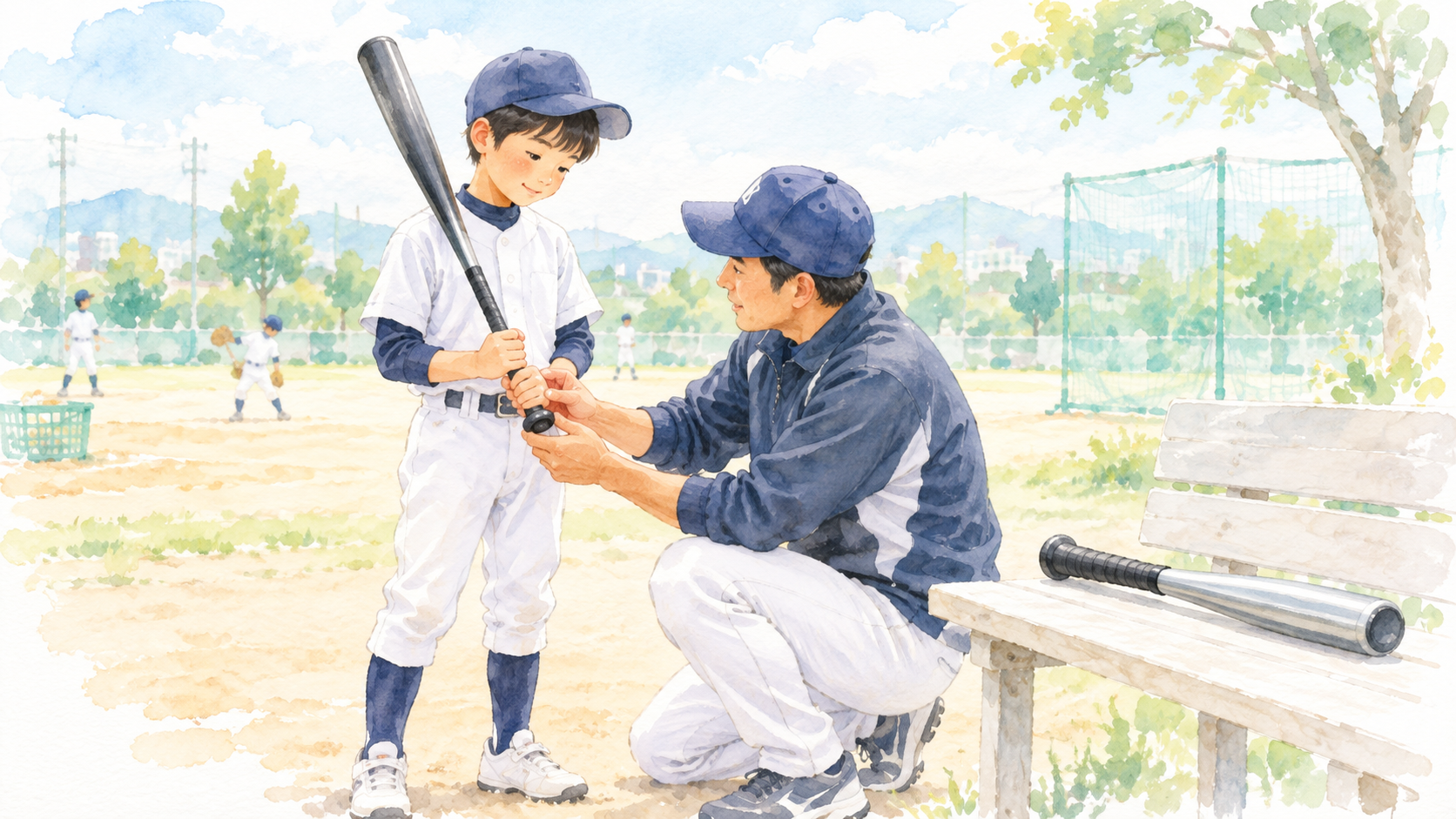 少年野球の子どもが無地バットを静止して持ち指導者が下の手とグリップエンドの相性を確認する明るい水彩イラスト